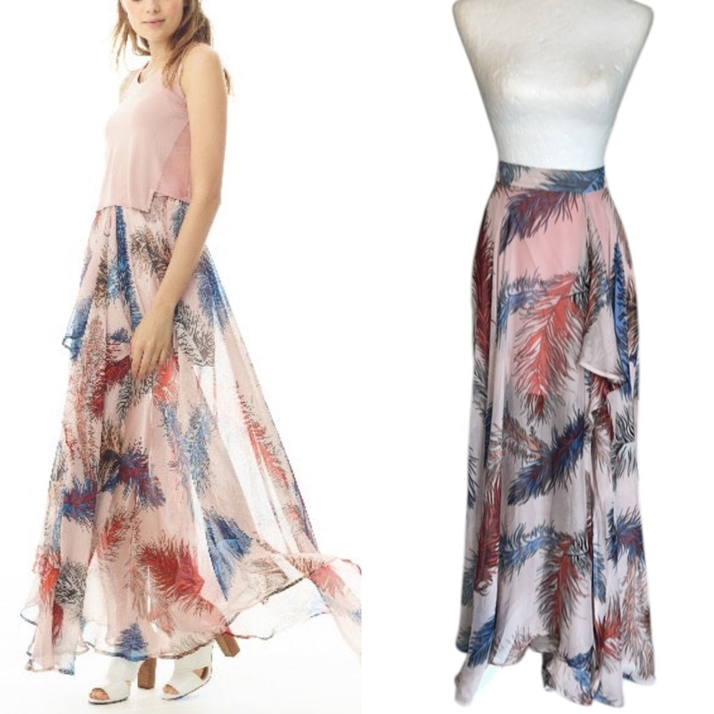 MAAC London Janerio Blush Pink Feather Print Ruffle Maxi Slip Skirt - L
